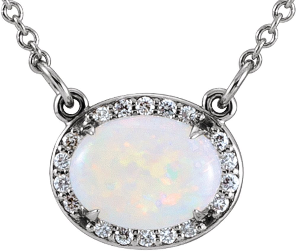 14K White Natural White Opal & .07 CTW Natural Diamond Halo-Style 16 1/2" Necklace