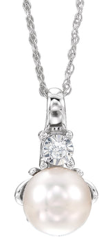 14K White Gold Cultured White Freshwater Pearl & .02 CT Natural Diamond 18" Necklace