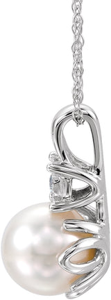 14K White Gold Cultured White Freshwater Pearl & .02 CT Natural Diamond 18" Necklace