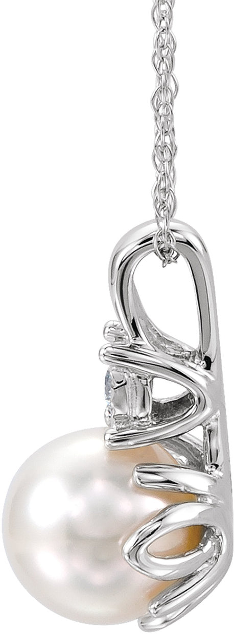 14K White Gold Cultured White Freshwater Pearl & .02 CT Natural Diamond 18" Necklace
