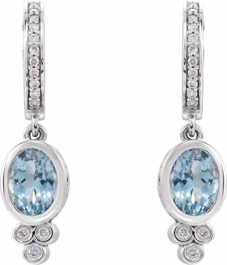 14K White Natural Aquamarine & 1/6 CTW Natural Diamond Hoop Earrings