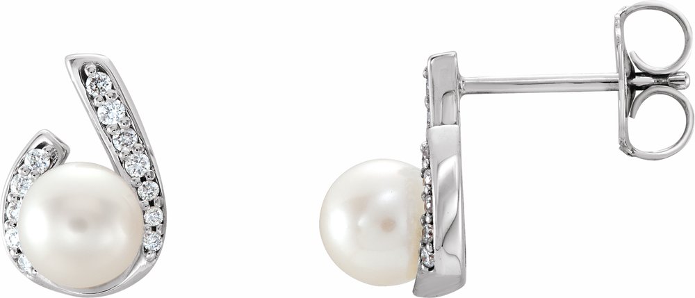 14K White Gold Cultured White Freshwater Pearl & 1/10 CTW Natural Diamond Earrings