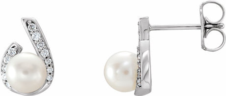 14K White Gold Cultured White Freshwater Pearl & 1/10 CTW Natural Diamond Earrings