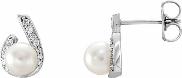 14K White Gold Cultured White Freshwater Pearl & 1/10 CTW Natural Diamond Earrings