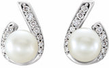 14K White Gold Cultured White Freshwater Pearl & 1/10 CTW Natural Diamond Earrings
