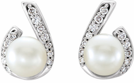 14K White Gold Cultured White Freshwater Pearl & 1/10 CTW Natural Diamond Earrings