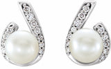 14K White Cultured White Freshwater Pearl & 1/10 CTW Natural Diamond Earrings