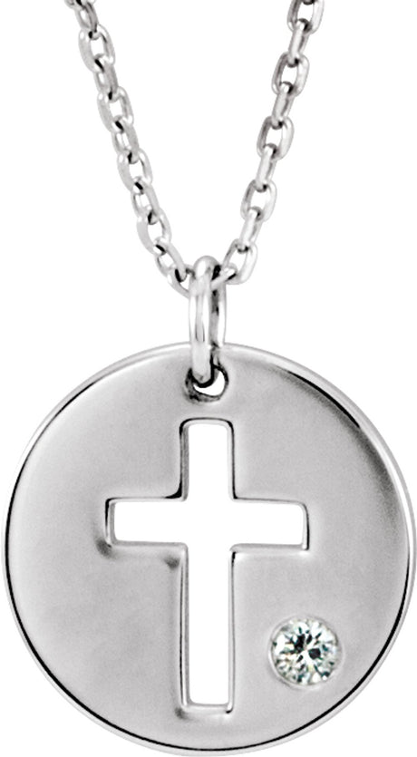 Sterling Silver Imitiation Diamond Pierced Cross Disc 16-18" Necklace