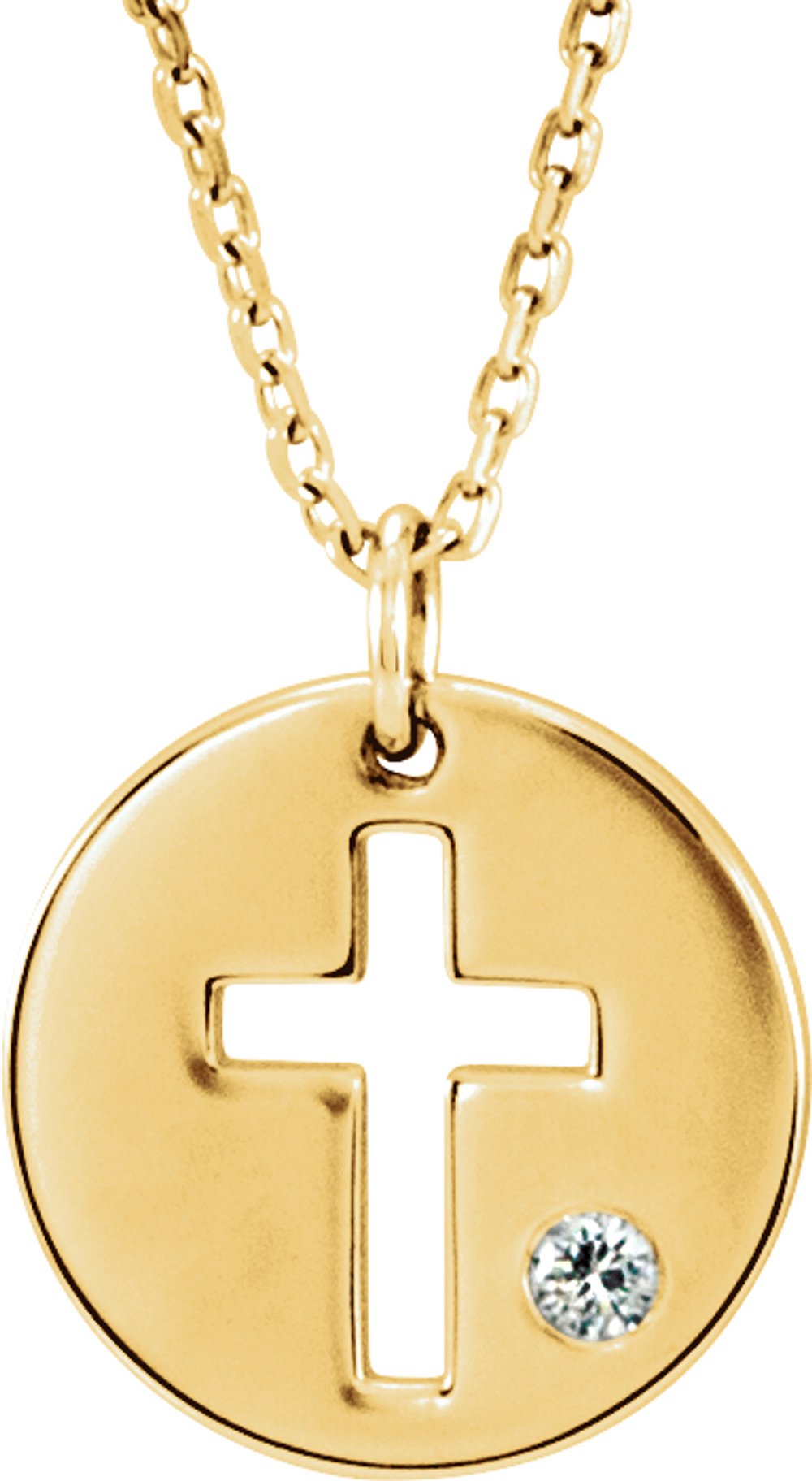 14K Yellow .03 CT Natural Diamond Pierced Cross Disc 16-18" Necklace