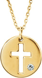 14K Yellow .03 CT Natural Diamond Pierced Cross Disc 16-18" Necklace