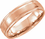 14K Rose 6 mm Milgrain Edge Comfort-Fit Flat Band Size 10