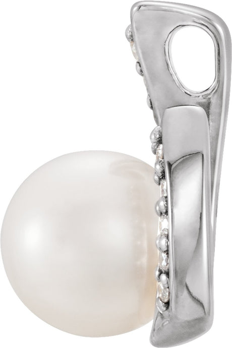 14K White Gold Cultured White Freshwater Pearl & .06 CTW Natural Diamond Pendant