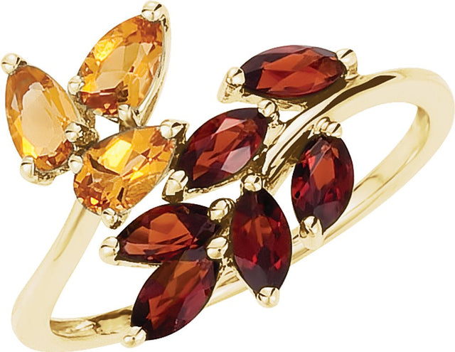 14K Yellow Natural Citrine & Natural Mozambique Garnet Bypass Ring