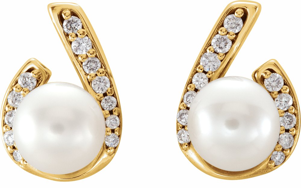 14K Yellow Cultured White Freshwater Pearl & 1/10 CTW Natural Diamond Earrings