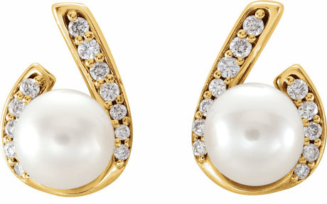 14K Yellow Cultured White Freshwater Pearl & 1/10 CTW Natural Diamond Earrings