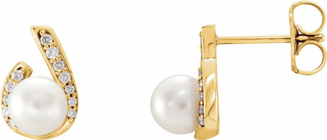 14K Yellow Cultured White Freshwater Pearl & 1/10 CTW Natural Diamond Earrings