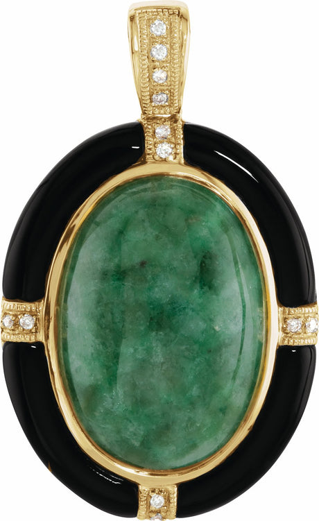 14K Yellow Natural Russian Jadeite, Natural Onyx & .05 CTW Natural Diamond Pendant