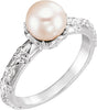 14K White Cultured White Freshwater Pearl & .02 CTW Natural Diamond Ring