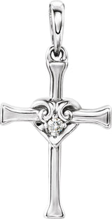 14K White .025 CT Natural Diamond Heart & Cross Pendant