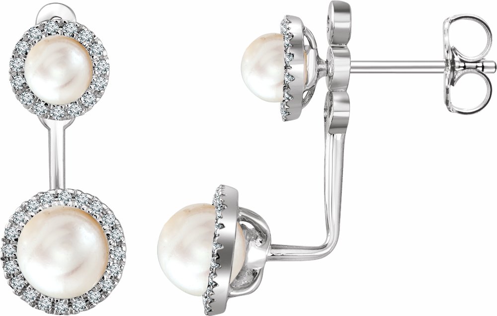 14K White Cultured White Freshwater Pearl & 1/5 CTW Natural Diamond Halo-Style Earrings