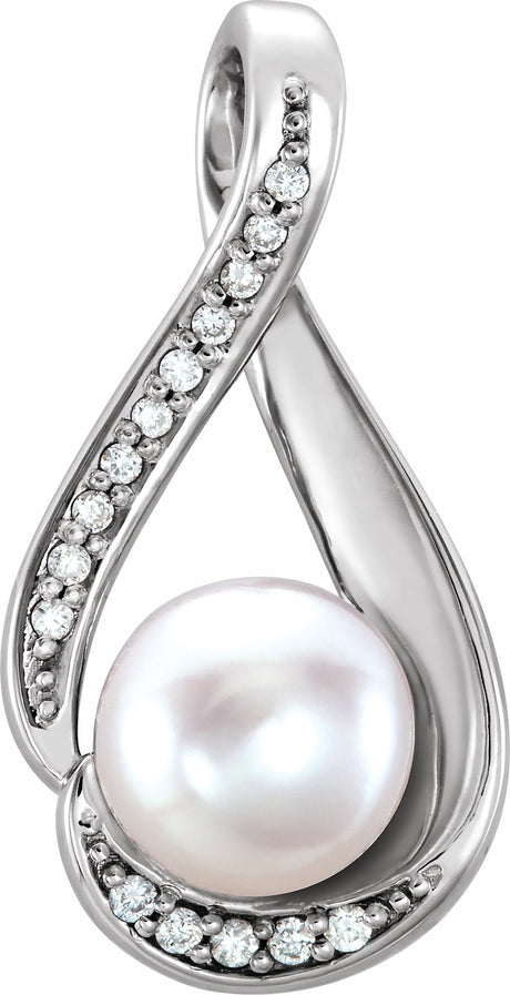14K White Gold Cultured White Freshwater Pearl & .03 CTW Natural Diamond Pendant