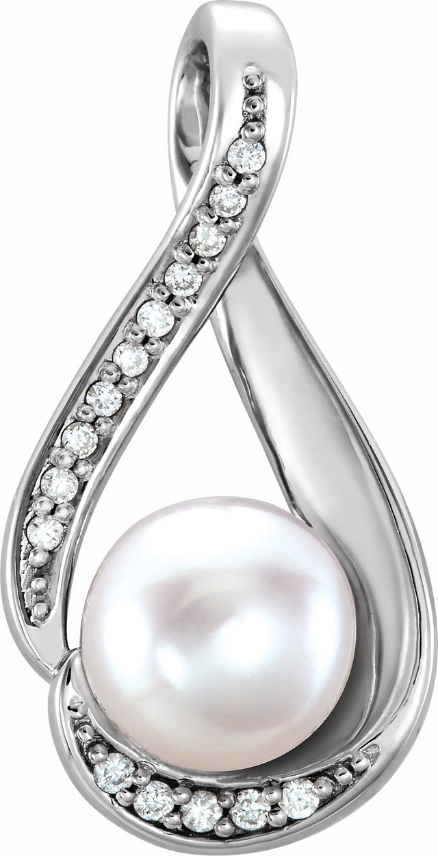 14K White Cultured White Freshwater Pearl & .03 CTW Natural Diamond Pendant