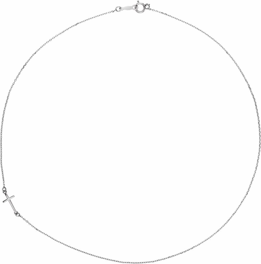 14K White Gold Off-Center Sideways Cross 16" Necklace  