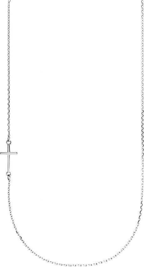 14K White Gold Off-Center Sideways Cross 16" Necklace  