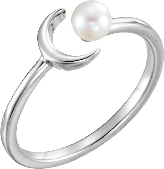 14K White Cultured White Freshwater Pearl Crescent Moon Ring 