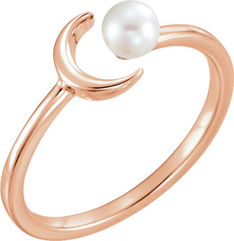 14K Rose Gold Cultured White Freshwater Pearl Crescent Moon Ring 