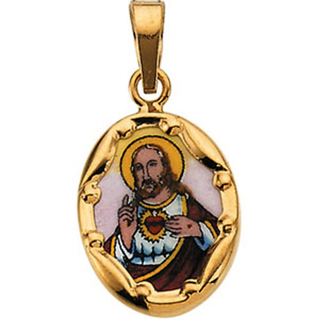 14K Yellow 13x10 mm Sacred Heart of Jesus Hand-Painted Porcelain Pendant