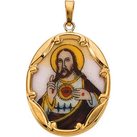 14K Yellow 25x19.5 mm Sacred Heart of Jesus Hand-Painted Porcelain Pendant