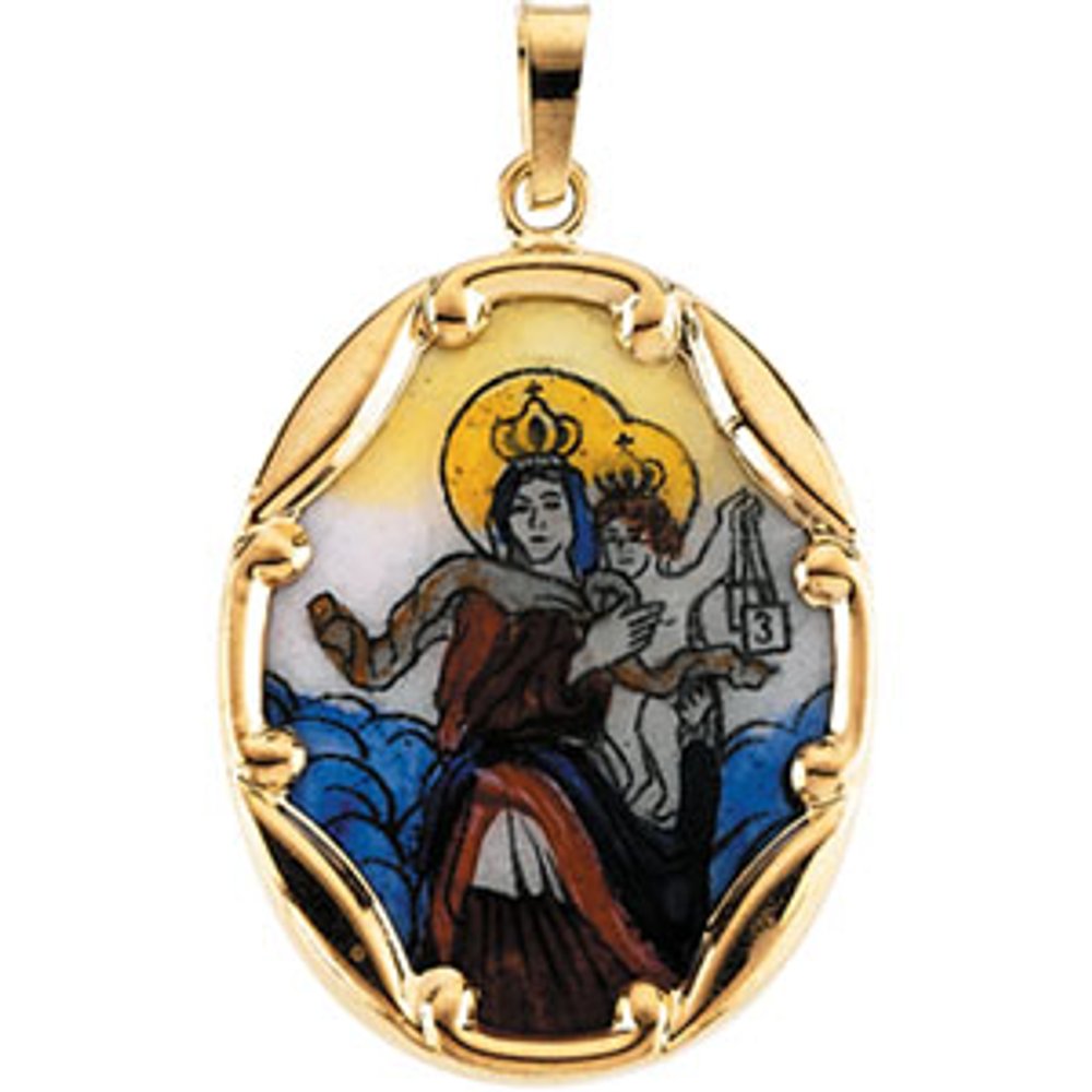 14K Yellow 25x19.5 mm Oval Hand Painted Porcelain Scapular Medal