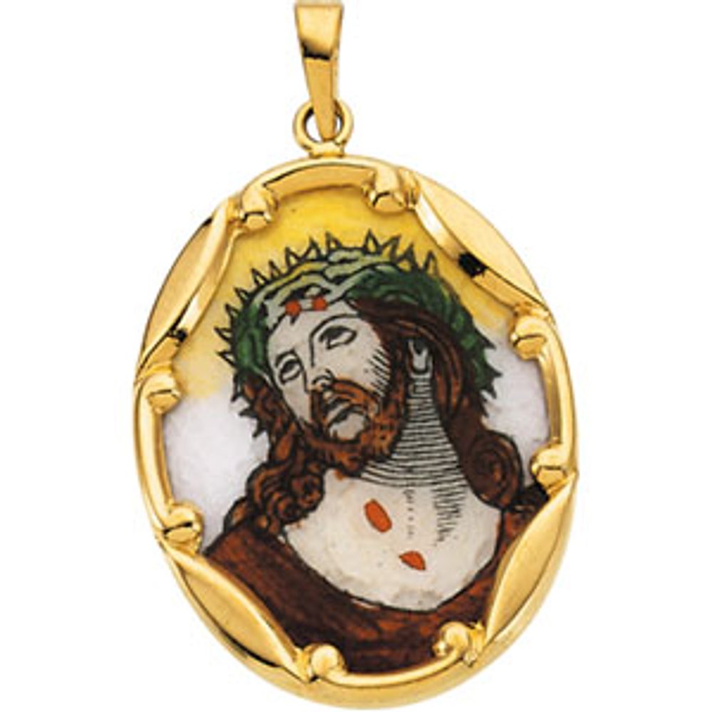 14K Yellow 25x19.5 mm Face of Jesus Hand-Painted Porcelain Medal