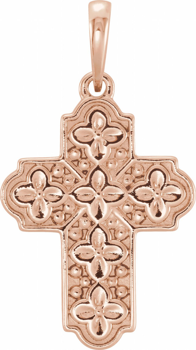 14K Rose Ornate Floral-Inspired Cross Pendant