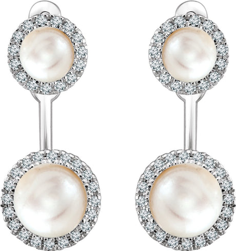 14K White Cultured White Freshwater Pearl & 1/5 CTW Natural Diamond Halo-Style Earrings