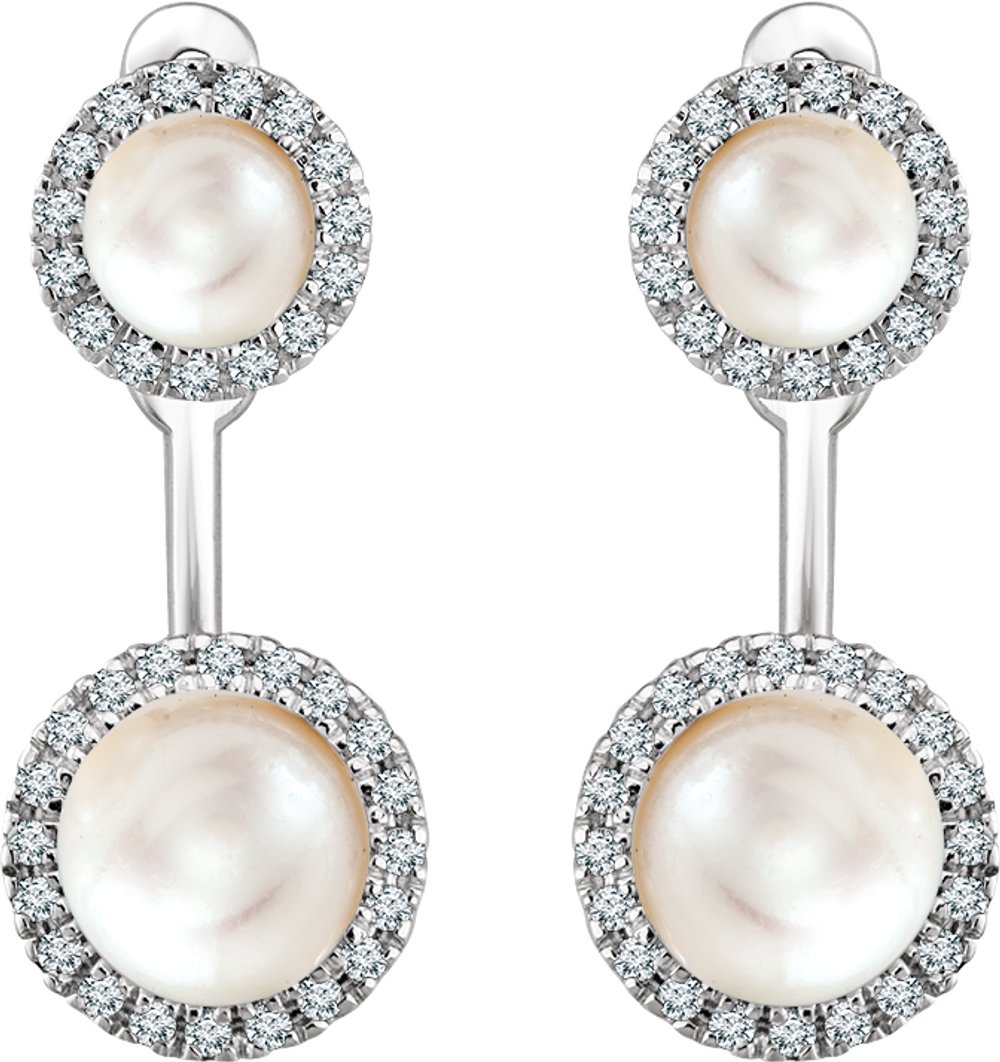 14K White Cultured White Freshwater Pearl & 1/5 CTW Natural Diamond Halo-Style Earrings