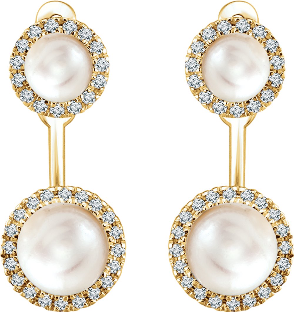 14K Yellow Cultured White Freshwater Pearl & 1/5 CTW Natural Diamond Halo-Style Earrings