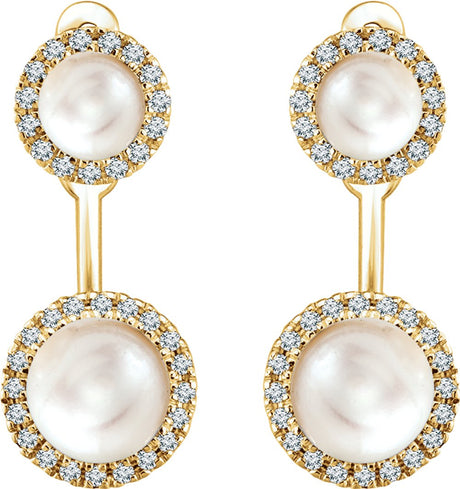 14K Yellow Cultured White Freshwater Pearl & 1/5 CTW Natural Diamond Halo-Style Earrings