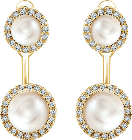 14K Yellow Cultured White Freshwater Pearl & 1/5 CTW Natural Diamond Halo-Style Earrings