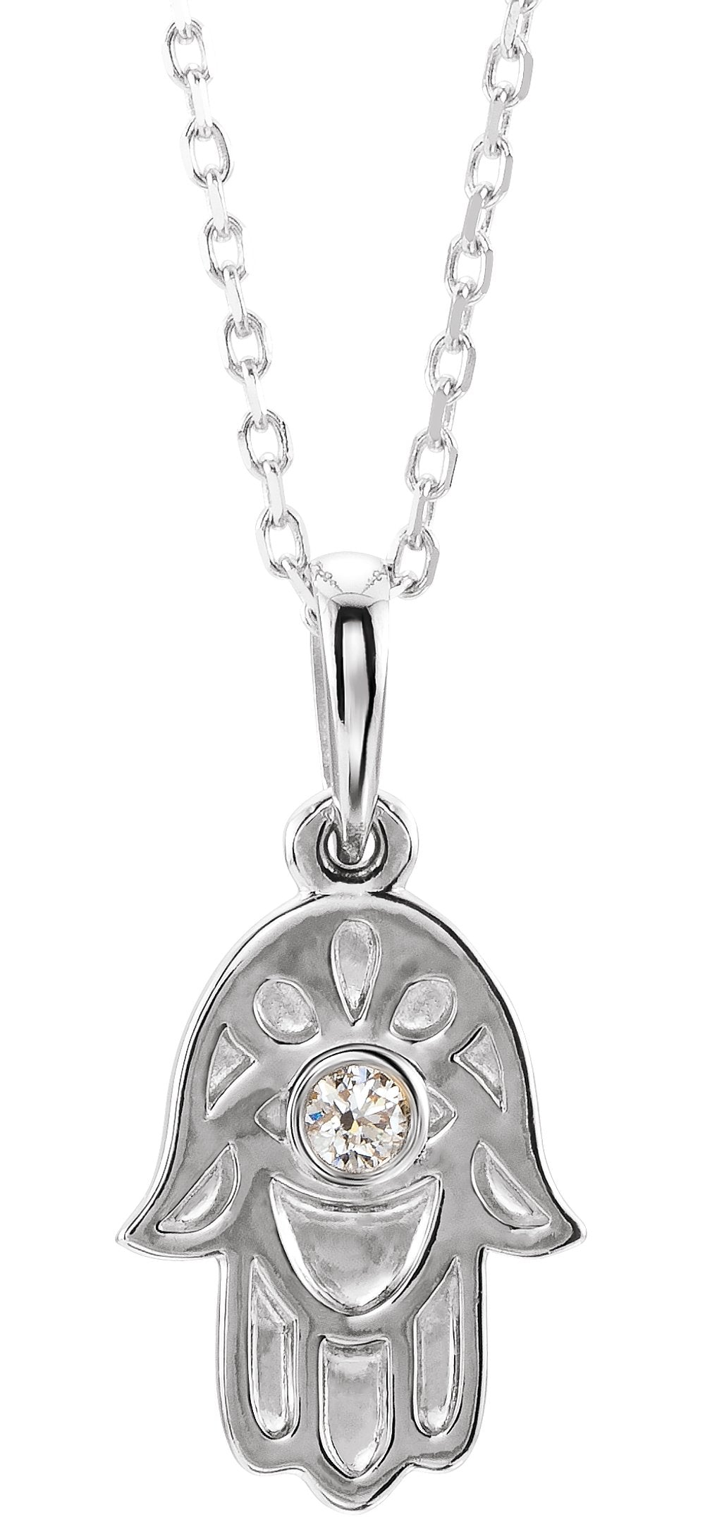 14K White .03 CTW Natural Diamond Hamsa 16-18" Necklace 