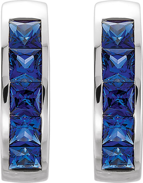 14K White Lab-Grown Blue Sapphire Hoop Earrings
