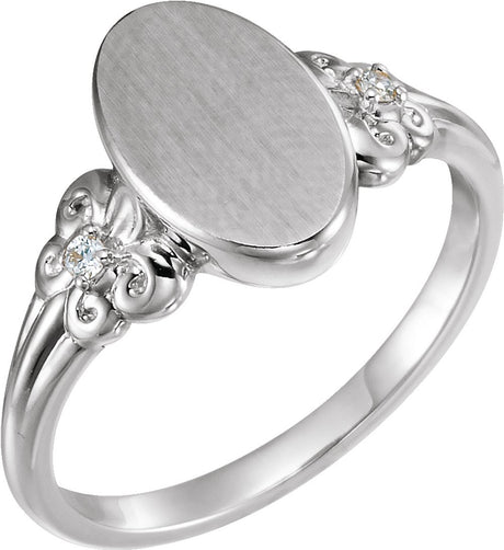 Sterling Silver .03 CTW Diamond 12x8 mm Oval Fleur-de-lis Signet Ring 