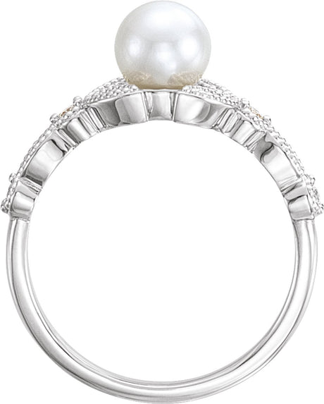 14K White Cultured White Freshwater Pearl & 1/10 CTW Natural Diamond Leaf Ring