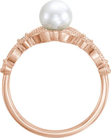 14K Rose Gold Cultured White Freshwater Pearl & 1/10 CTW Natural Diamond Leaf Ring