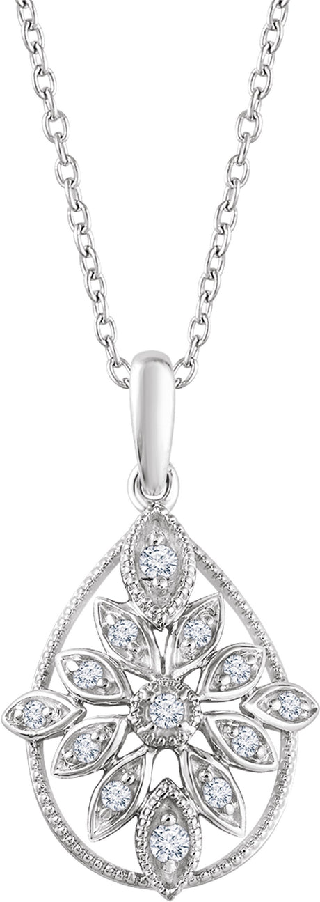 14K White Gold 1/6 CTW Natural Diamond Granulated Filigree 16-18" Necklace
