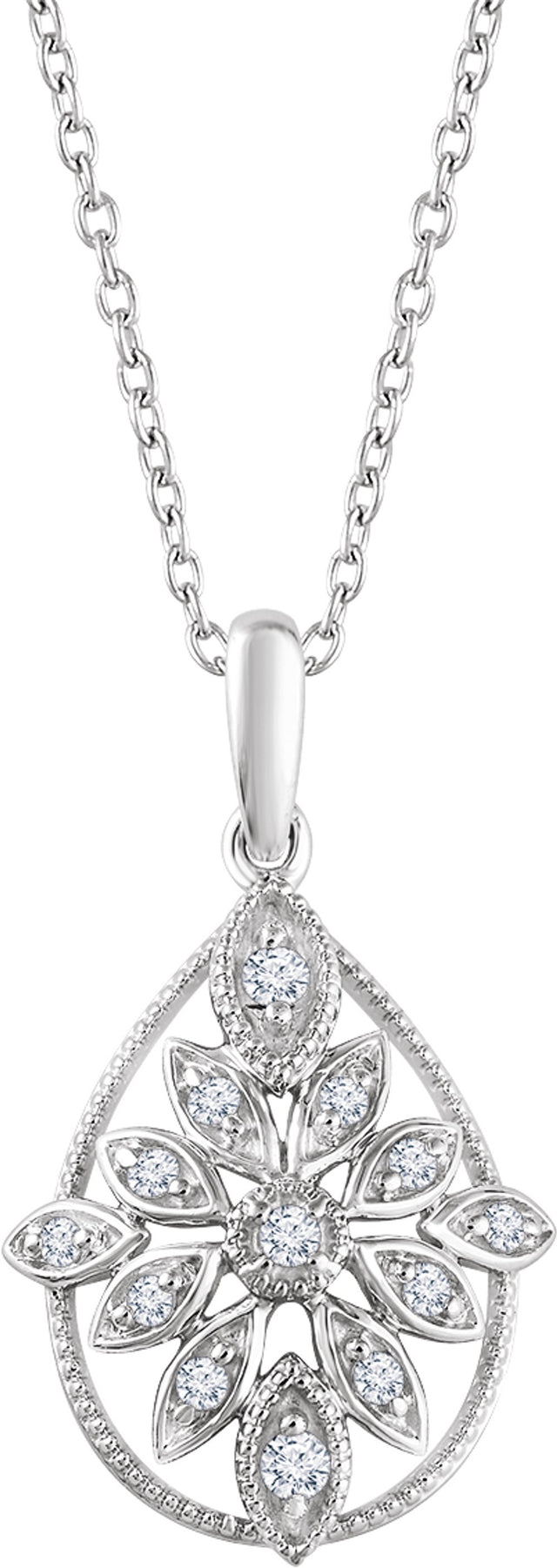 14K White Gold 1/6 CTW Natural Diamond Granulated Filigree 16-18" Necklace