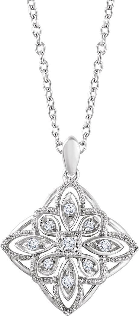 14K White Gold  1/10 CTW Natural Diamond Granulated Filigree 16-18" Necklace