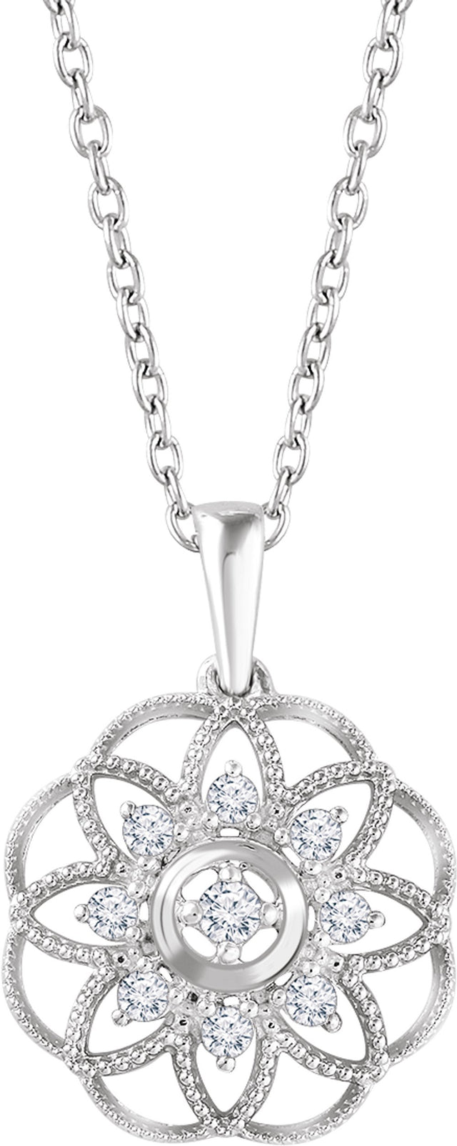 14K White 1/5 CTW Natural Diamond Granulated Filigree 16-18" Necklace