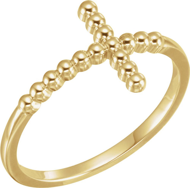 14K Yellow Beaded Sideways Cross Ring